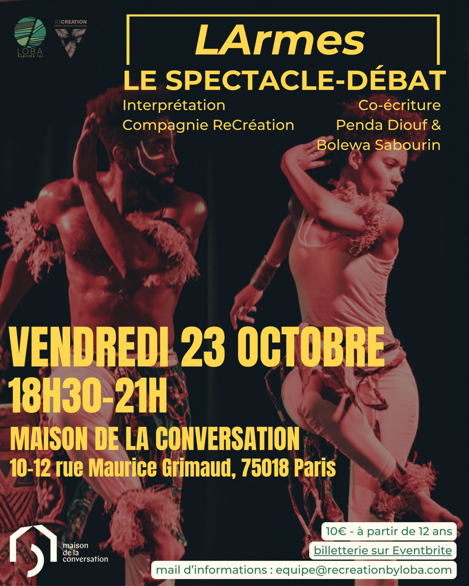 Affiche de LArmes : deux danseurs de la Compagnie ReCréation en mouvement sur scène